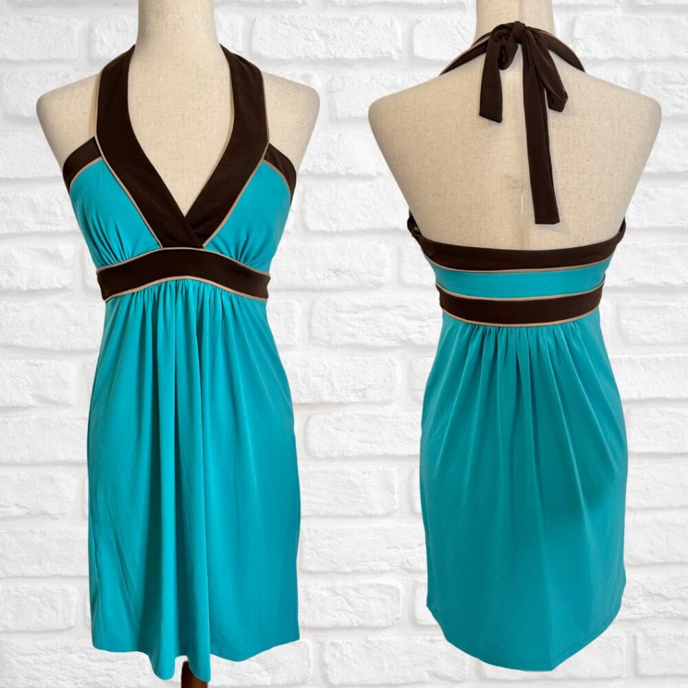 Vintage 2000's Max And Cleo Size Small Teal Brown Halter Dress Mini Backless